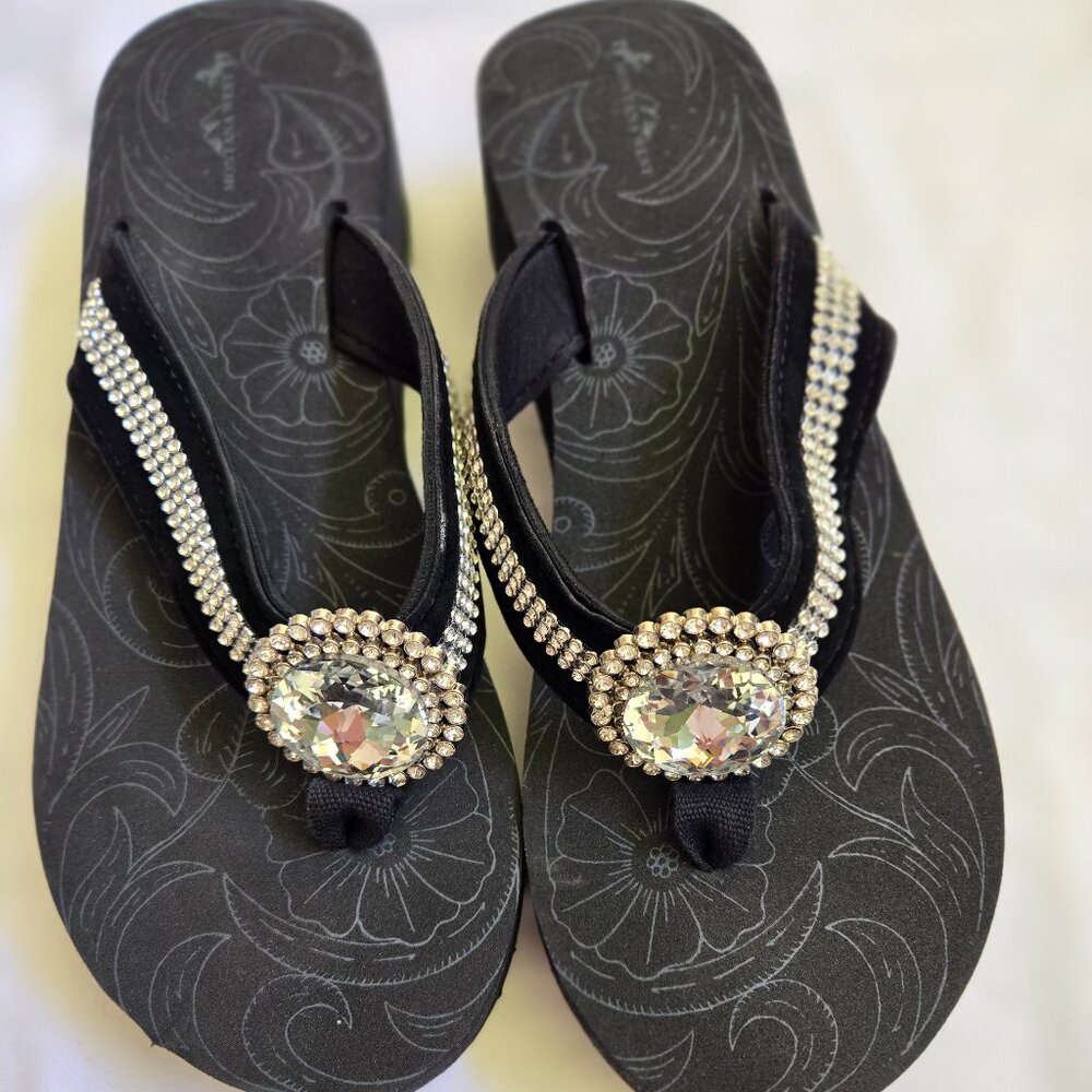 MONTANA WEST BLING SANDALS, BLACK WITH RHINESTONES, SIZE 10